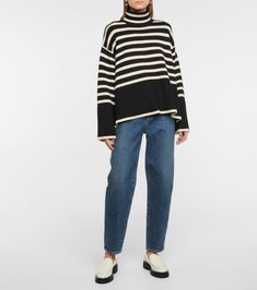 Striped turtleneck wool-blend sweater in black - Toteme | Mytheresa Toteme Sweater, Striped Turtleneck, Wool Blend Sweater, Signature Collection, Sweater Black, Knitting Inspiration, Fall Looks, White Shop, Fashion Styles