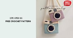 a camera purse hanging on the wall with free crochet pattern