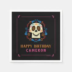 a birthday card with a skull and music notes on the front, says happy birthday cameon