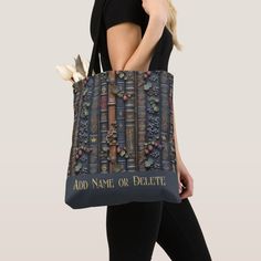 a woman carrying a tote bag with an image of books and flowers on it