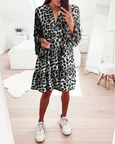 Leopard Print Dress Bohemian Style Dress Loose Mini Dress, Bohemian Style Dresses, Straight Clothes, Dress Bohemian, Loose Outfit, Leopard Print Dress, Fashion Pattern, Printed Sleeves, Bohemian Dress