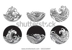 four different waves in the ocean with black and white ink