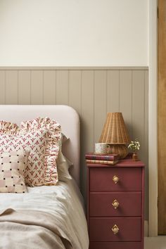 Annie Sloan Wall Paint in Canvas on the walls, Primer Red Chalk Paint on the bedside table and Coco Chalk Paint on the bed panelling. Wall Paint Finishes, Paint Color Trends, Red Furniture, Trending Paint Colors, Accent Wall Paint, Interior Color Schemes, Chic Interior