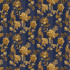 a blue and gold wallpaper with flowers on it's sides, stripes in the background