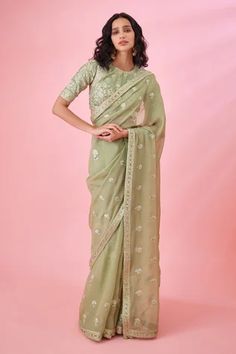 Shop for Shyam Narayan Prasad Green Organza Floral Embroidered Saree And Blouse Set for Women Online at Aza Fashions Embroidered Green Pre-draped Saree In Dola Silk, Green Embroidered Pre-draped Saree, Transitional Green Saree With Resham Embroidery, Transitional Season Green Saree With Resham Embroidery, Designer Green Blouse With Chikankari Embroidery, Green Chanderi Embroidered Fabric For Reception, Green Blouse With Chikankari Embroidery For Transitional Season, Festive Green Chikankari Embroidery Blouse Piece, Embroidered Pista Green Pre-draped Saree For Navratri