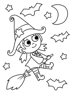 a cartoon witch flying in the sky with her broom on halloween coloring pages for kids