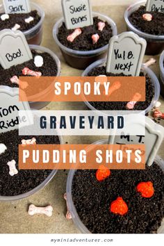 halloween graveyard pudding shots with spooky graveyard graves in the middle and candy on top