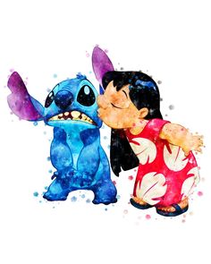 two cartoon characters kissing each other with watercolor splashs on the paper behind them