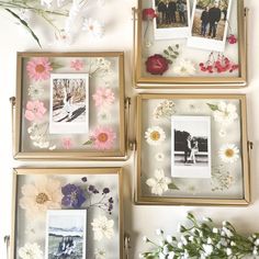 four frames with flowers and pictures on them