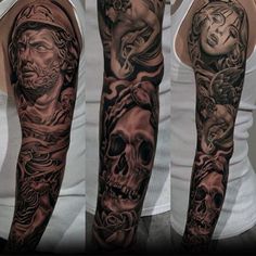 three different tattoos on the arms and arm, one with a woman's face