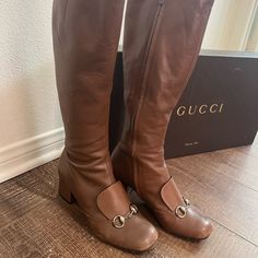 These Boots Are So Incredibly Soft And Comfortable. They Have A Block Heel And Are Authentic Brown Leather With A Silver Metal Gucci Buckle. I Usually Wear An 8 1/2 These Are A Size 9 And They Fit Very Comfortably With A Little Bit Of Space For Walking. I’ve Had These A Long Time They Are Comfortably Worn-In. I Am Selling Them Because I Live In A Sunny Climate And No Longer Have Many Chances To Wear Them. Gucci Designer Leather Boots, Designer Gucci Leather Boots, Gucci Designer Boots With Leather Sole, Designer Gucci Boots With Leather Sole, Designer Leather Boots With Horsebit Detail, Gucci Formal Boots With Leather Sole, Calf Leather Boots With Horsebit Detail, Leather Boots With Horsebit Detail And Round Toe, Gucci Formal Boots With Branded Heel Counter