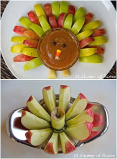 two pictures with apples, bananas and chocolate in the shape of a turkey on them