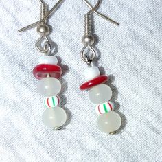 Custom-Made Snowman Vintage Repurposed Bead Earrings White Holiday Earrings With Ear Wire, White Ear Wire Earrings For Holiday, Christmas White Beaded Dangle Earrings, White Christmas Beaded Dangle Earrings, White Beaded Christmas Dangle Earrings, White Beaded Dangle Earrings For Christmas, Handmade White Beaded Earrings For Christmas, Nickel-free White Earrings For Christmas, White Christmas Jewelry With Ear Wire