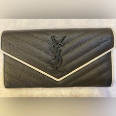 Excellent Condition. Authentic Ysl Flap Wallet With Grey Leather, White Leather Trip And Black Ysl. Comes With Her Original Box And Dust Bag. Bags Ysl, Saint Laurent Bags, Yves Saint Laurent Bags, Trim Color, White Trim, Grey Leather, White Leather, Yves Saint Laurent, Dark Grey