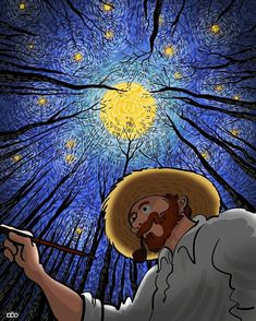 a man in a straw hat is holding a paintbrush and looking up at the sky