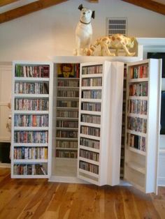 a dog is sitting on top of a bookcase in the middle of a room