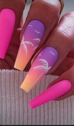 Tropical Nail Designs, Bright Summer Nails Designs, Cruise Nails, Palm Tree Nails, Summer Nail Designs, Tropical Nails, Vacation Nails, Short Acrylic Nails Designs, Pink Acrylic Nails