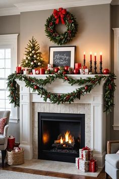 a fireplace decorated for christmas with candles and wreaths on it's mantel