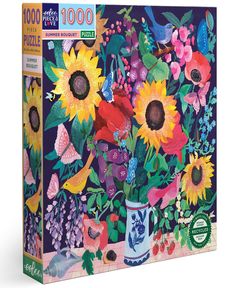 the puzzle box is filled with colorful flowers and birds, all painted in different colors