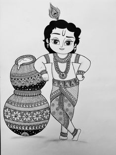 an ink drawing of a woman carrying pots