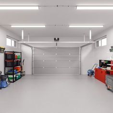 an empty garage with lots of tools in it