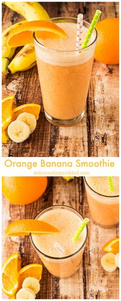 an orange banana smoothie is shown in two glasses