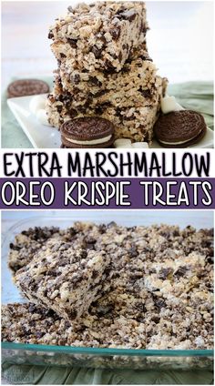 an image of oreo krispie treats with the title text overlaying that reads extra marshmallow oreo krispie treats