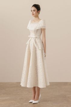 Esme A-line Square Neck Mesh Lace Midi Dress | MEAN BLVD Off White Dresses Classy, Elegant Square Neck Dress With Lace Patchwork, A-line Lace Midi Dress For Garden Party, Square Neck Lace Patchwork Party Dress, Spring Banquet Midi Dress With Square Neck, Beige A-line Midi Dress For Wedding, Lace Patchwork Midi Dress For Wedding, Fitted A-line Lace Dress For Wedding Guest, Wedding Midi Dress With Lace Patchwork