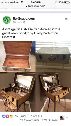 an old suitcase turned into a vanity table