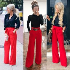 Black Top Red Pants Outfit, Red Pants Wide Leg Outfit, Red Pants Business Outfit, Red Trousers Work Outfit, Red Office Pants Outfit, Red Wide Trousers Outfit, Work Outfits With Red Pants, Red Wide Leg Pants Outfit High Waist, Red Bootcut Pants Outfit