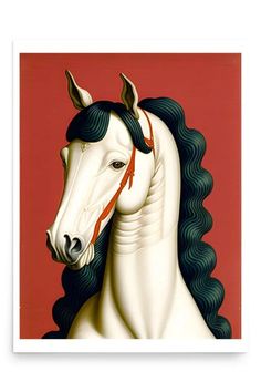 a painting of a white horse with black manes and red background by corbi