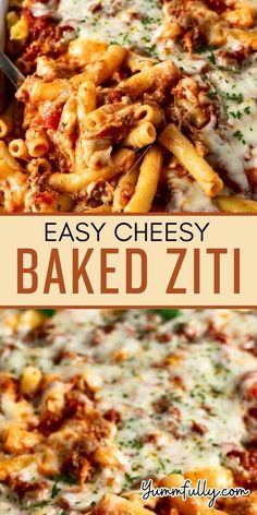 an easy cheesy baked ziti recipe in a casserole dish