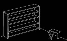 a line drawing of a book shelf with an open drawer on one side and a small end table on the other