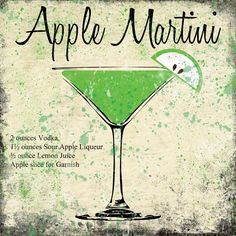 an old fashioned sign with a green drink in it's glass that says apple martini