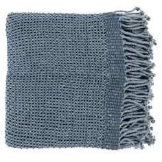 a blue knitted blanket with fringes on top and one piece of yarn in the middle