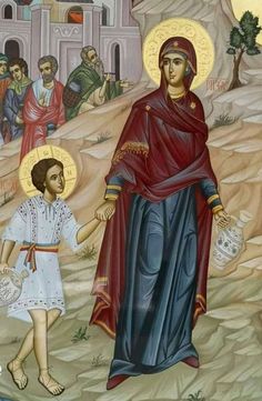 an icon of the mother mary and child jesus in front of a mountain with other people