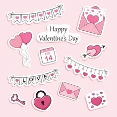 valentine's day stickers are arranged on a pink background with hearts and an envelope