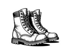 a black and white drawing of a pair of combat boots with laces on them