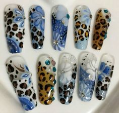 Gyaru Nails, Blue Cheetah Print, Retro Nails, Punk Nails, Hard Nails, Grunge Nails, Pretty Gel Nails, Really Cute Nails, Nails Blue