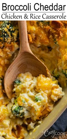 broccoli cheddar chicken and rice casserole with a wooden spoon