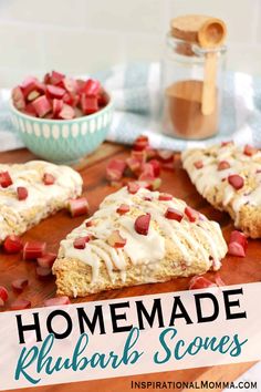 homemade rhubarb scones on a cutting board