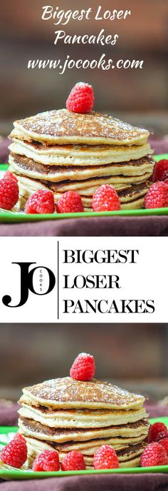 pancakes with raspberries are stacked on top of each other and the words, biggest lobster pancakes