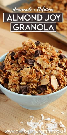 homemade almond joy granola in a blue bowl