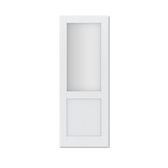 an empty white door with no glass on the top and bottom panel, against a white background