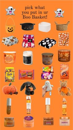 an orange background with many different items in the shape of pumpkins and jack - o'- lanterns