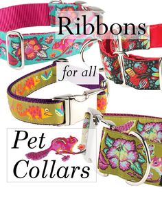 three different dog collars with the words ribbons for all pet collars on them