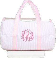 Small Duffel Bag Preppy White Rectangular Bag, Preppy Personalized Bags For Everyday Use, Personalized Preppy Bags For Everyday Use, Small Duffle Bag, Pink Seersucker, Duffel Bag, Pink Bag, Duffle Bag, Monogram