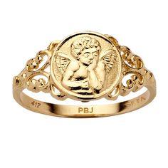 PRICES MAY VARY. 10k Yellow Gold; Contains .10 grams of 10k Gold; Ring can be resized Measures: 18 mm wide x 9 mm long x 2 mm high; Shank Width: 1.5 mm wide Includes gift box and drawstring pouch PalmBeach Jewelry exclusive. Our inspiring solid 10k gold guardian angel cherub ring features lovely swirled detailing and a sculpted cherub center. A ring to delight any age. Sizes 5-10. - 188468 Angel Ring, Angel Cherub, Palm Beach Jewelry, Coin Ring, Jewelry Lookbook, Ring Sizes, Guardian Angel, Jewelry Inspo, Gold Fashion