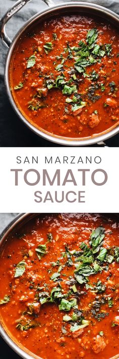 two pans filled with tomato sauce and herbs