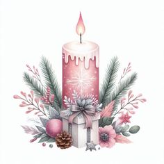 a pink candle surrounded by christmas decorations and pine cones on a white background with snowflakes